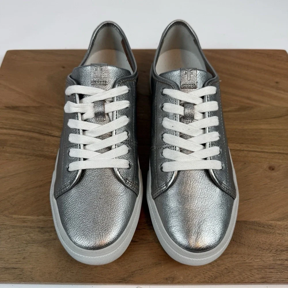 New Womens Frye Gia Pewter Metallic Leather Sneakers Shoes Size 9 M‎